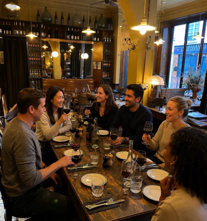 A group sharing dinner and wine around a table in Paris