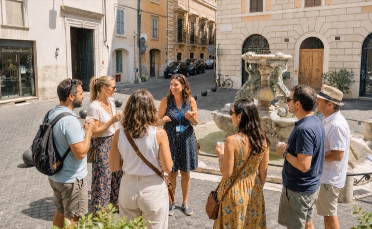 Guests gathered around a fountain in a Roman piazza