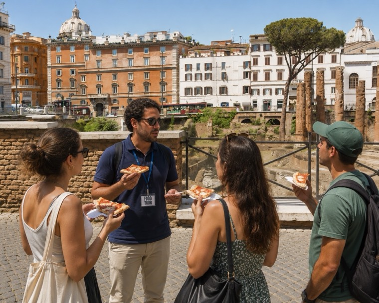 Guests eating pizza above an ancient site in Rome